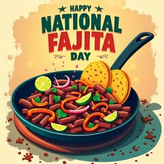  Happy National Fajita Day - Pan with Sizzling Fajitas and Tortillas