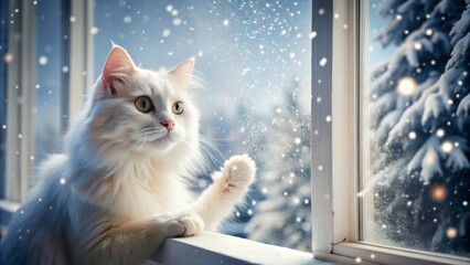 A fluffy white cat gazes out a frosty windowpane at a snow-covered winter wonderland, its paw reaching towards the falling snowflakes, a captivating scene of serene winter beauty.