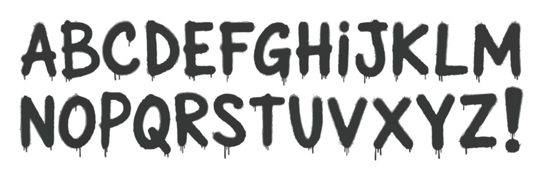 Spray Paint Alphabet, Lettering with Dripping Paint Effect on White Background