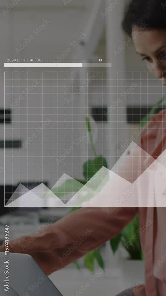 Poster animation of interface with statistical data processing over caucasian woman using laptop at office