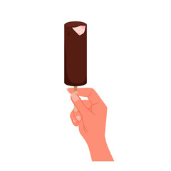 Hand holding strawberry ice cream in chocolate. Fingers of girl hold yummy summer dessert ice cream cartoon vector illustration
