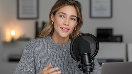 Female caucasian adult podcaster in cozy studio with microphone