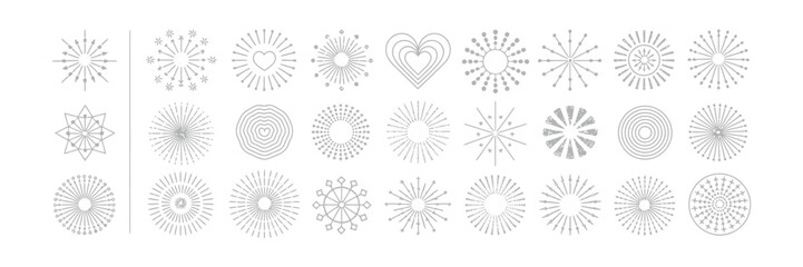 Sunburst Rays Halftone Element Set, Retro Explosion Shapes on Transparent Background