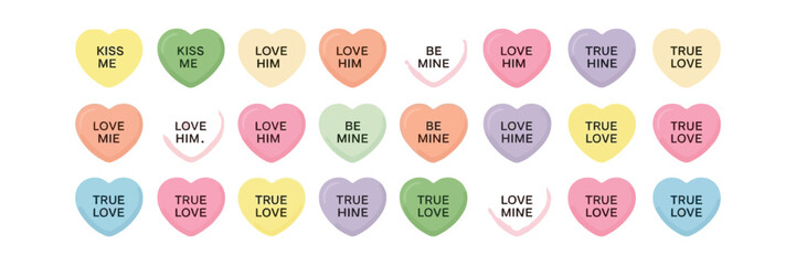 Sweet Pastel Conversation Hearts Candy with Words On Isolated Transparent Background