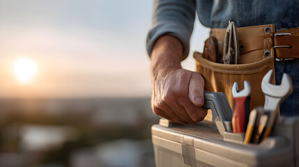A construction worker's hand holding a toolbox with a bright sunset background