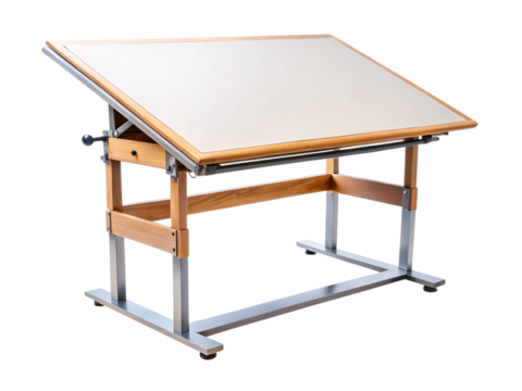 Photo of an adjustable wooden and metal drafting table isolated on transparent background