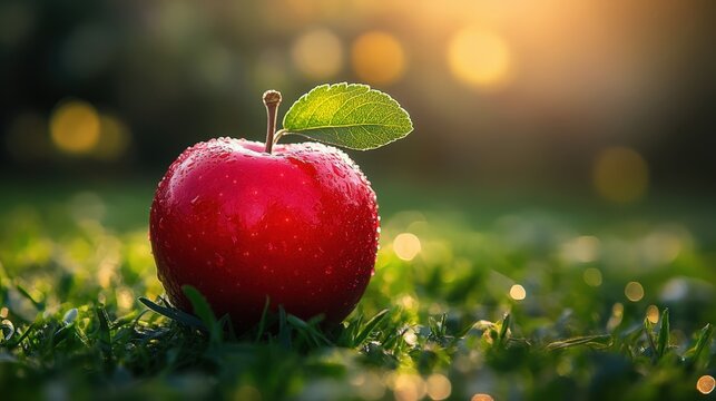 Juicy red apple on green grass. Perfect for healthy food, nature, and wellness themes. Ideal for websites, blogs, and marketing.
