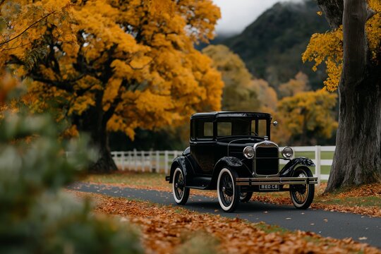 Fototapeta Vintage car in scenic autumn landscape with vibrant foliage and majestic trees