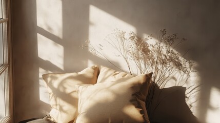Soft sunlight filters through a window onto beige pillows and dried flowers.