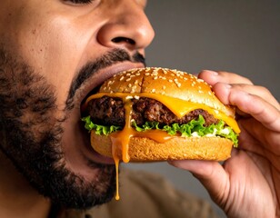 biting into a juicy burger, with melted cheese and sauce dripping for a mouthwatering effect. Ideal for fast food, indulgence, or modern dining imagery.