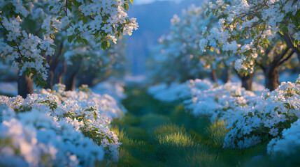 Blooming apple trees in sunlight with scattering white petals