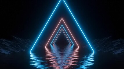 Neon triangular arches glow reflectively A mesmerizing display shows digital art with electric blue and soft pink light - Powered by Adobe