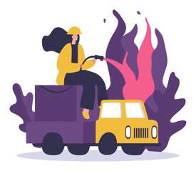 Firefighter on Truck Cartoon Style with Flames and Vector Design