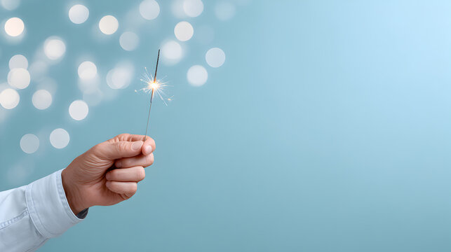 A hand holds a sparkler against a blue background with blurred lights, creating a festive and celebratory atmosphere. The sparkler emits dazzling sparks, symbolizing joy, light, and special moments