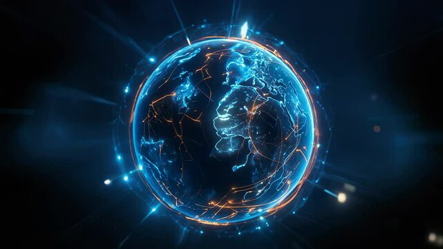 Futuristic Concept, Globalization, Big Data, Digital Globe of Earth With Glowing Data Points Network Connections, Dark Background. Network Lines, International Business, Internet, Financial