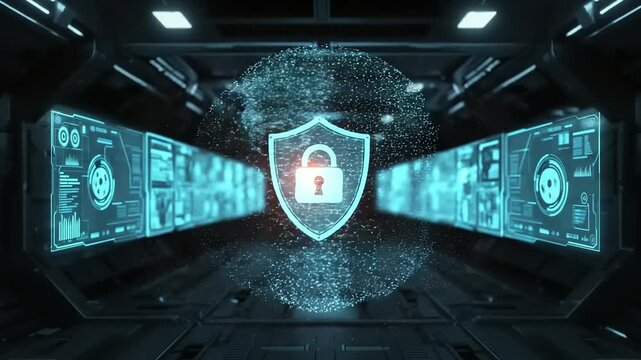 Futuristic cyber security visualization features a protective shield padlock symbol against a high tech background suggesting safety