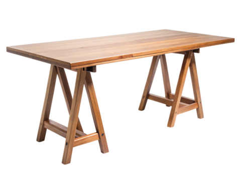 Photo of wooden trestle table with simple modern design isolated on white isolated on transparent background