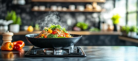 A Colorful Array of Fresh Vegetables Sizzling in a Wok on a Modern Kitchen Stove with Flames
