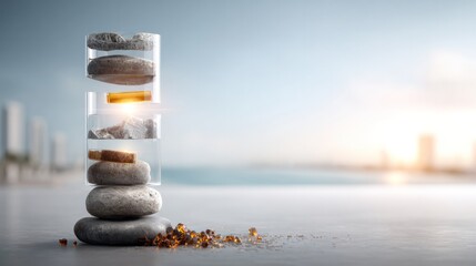 Stone Stack Harmony: A zen-inspired composition showcases a balanced stack of natural stones, a visual metaphor for tranquility and equilibrium, set against a serene coastal background.