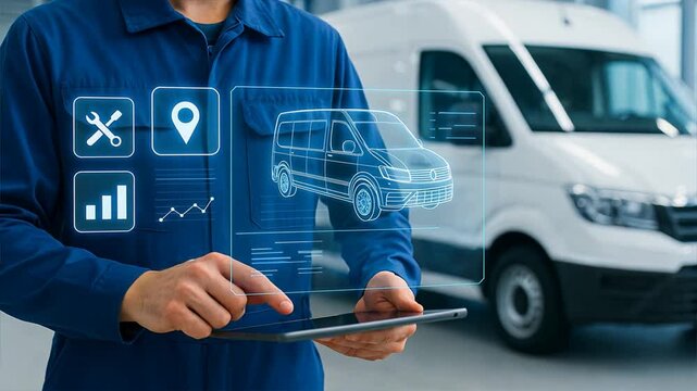 A worker holds a tablet with digital overlays showing vehicle data, highlighting fleet tracking and management in a tech driven workspace