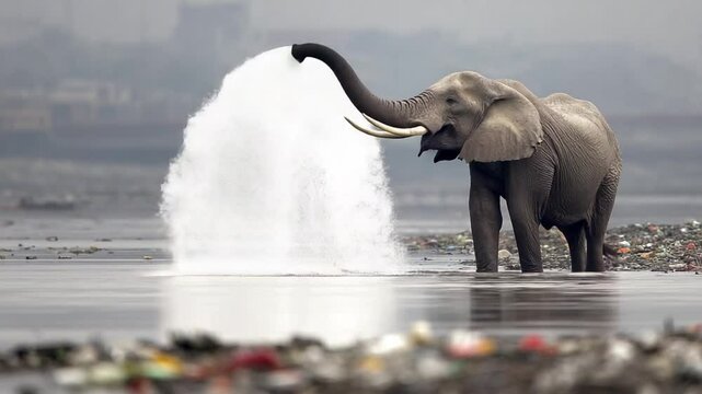 Elephant Shower: A majestic African elephant cools itself by sucking water into its trunk and showering itself, creating a stunning visual in a polluted water body.