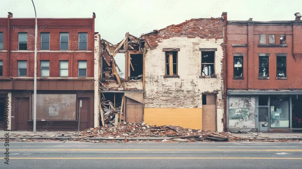 Poster earthquake destruction simulation showing progressive collapse of a building in an urban area, highl