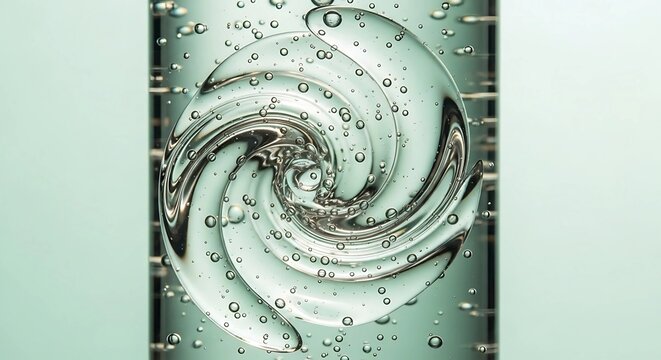 Abstract close-up of a swirling, transparent, liquid-filled glass structure with bubbles.