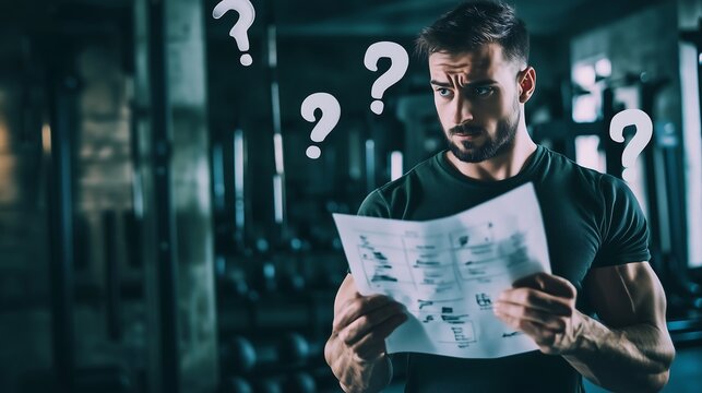Confused young man examines workout plan in gym, displaying curiosity and determination.