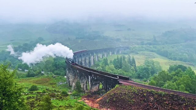 Steam Train At Glenfinnan Viaduct, Railway Viaduct in Lochaber, Scotland. - wide shot