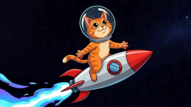Animated illustration of a cute orange cat wearing a spacesuit riding a rocket ship through space 4K Ai HD video.
