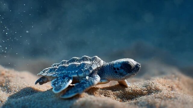 Tiny Turtle's Journey: A young turtle, small and delicate, embarks on its journey from the shore into the ocean's depths, an emblematic scene of nature's endurance, survival.