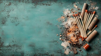 A visually captivating still life featuring an arrangement of used and new matchsticks against a backdrop of layered canvas ink tape and pastel smudges creating a unique and textured composition