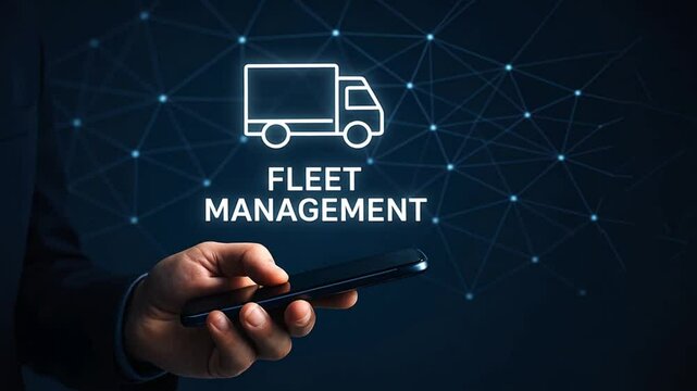 A person hand holding a smartphonewith an abstract delivery truck icon and fleet management text, symbolizing technological innovation in logistics