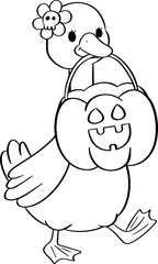 Cute goose carries a basket of Halloween pumpkins Line Art