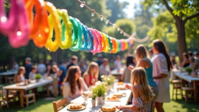 Vibrant outdoor garden party with colorful decor and diverse guests enjoying summer festivities - Powered by Adobe