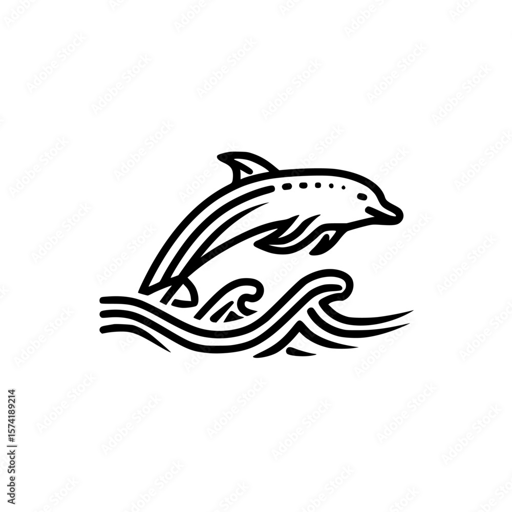 Poster silhouette pictogram of a dolphin leaping above ocean waves against a plain background in a minimali