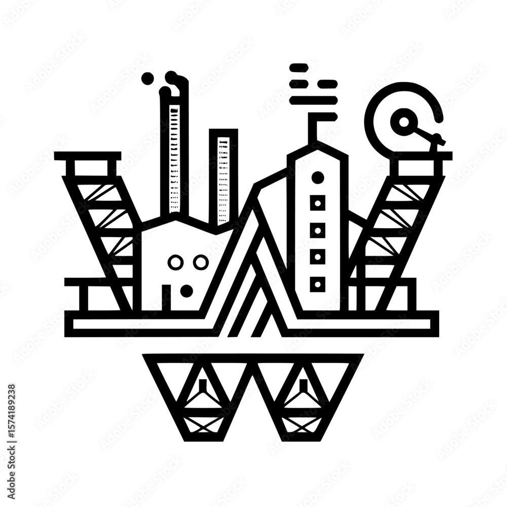 Poster silhouette pictogram representing industrial buildings with factory structures and chimneys in a mod
