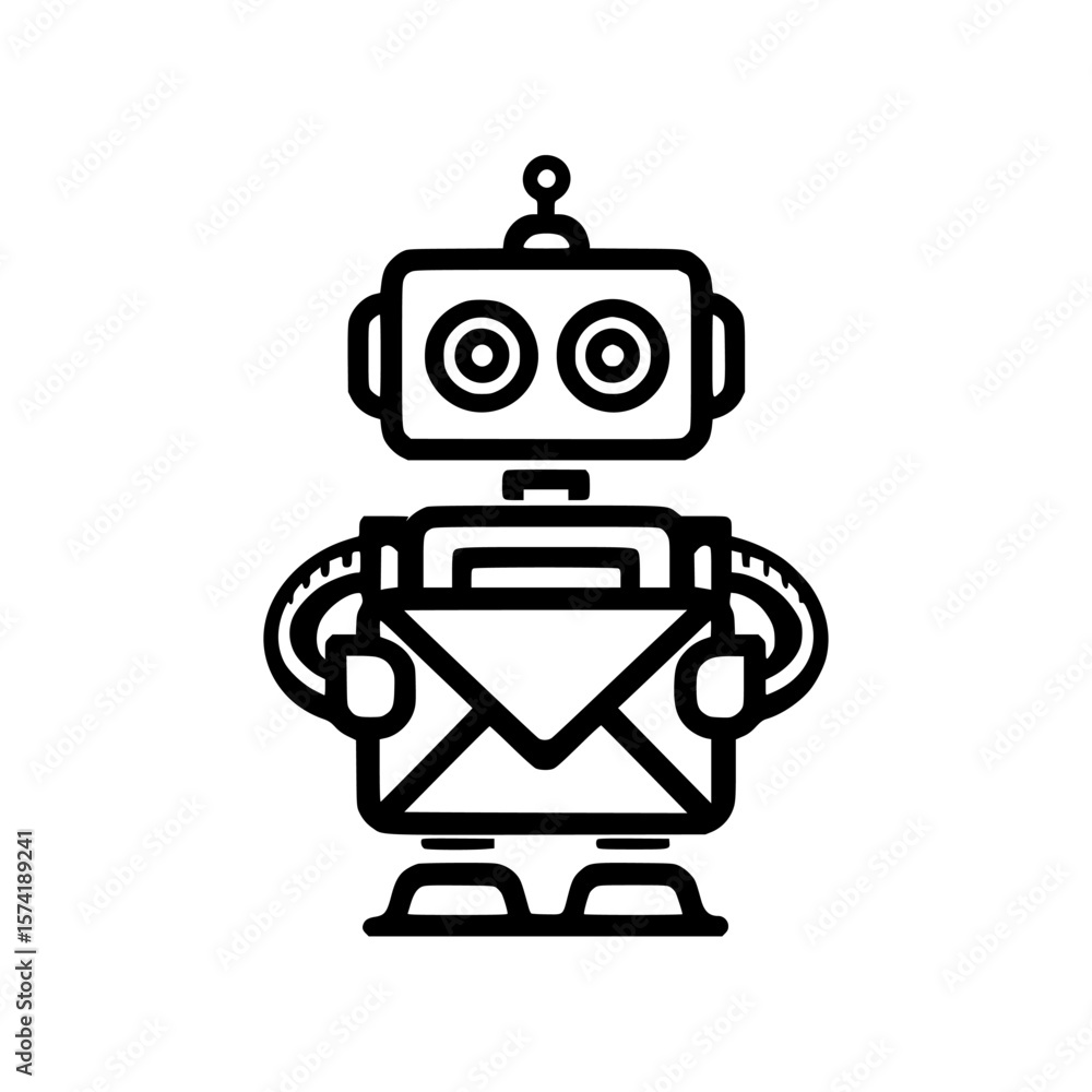 Poster vector silhouette pictogram of a robot holding an envelope, representing communication technology an