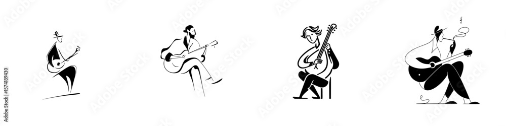 Poster silhouette pictogram collection showcasing musicians playing various string instruments in different
