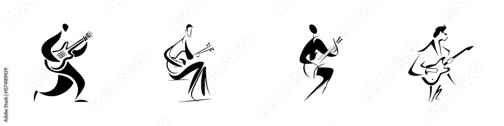 Poster stylized silhouette pictograms of musicians playing various string instruments in dynamic poses