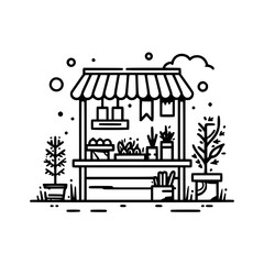 Naklejka premium Illustration of a market stall displaying fresh produce, plants, and gardening supplies in a vibrant outdoor setting