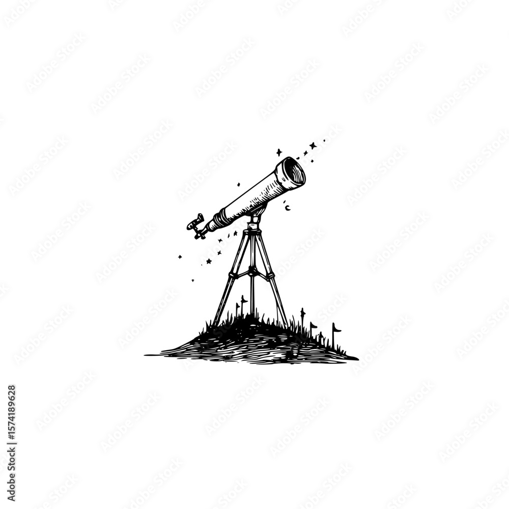 Poster silhouette pictogram of a telescope on a tripod with cosmic elements in the background