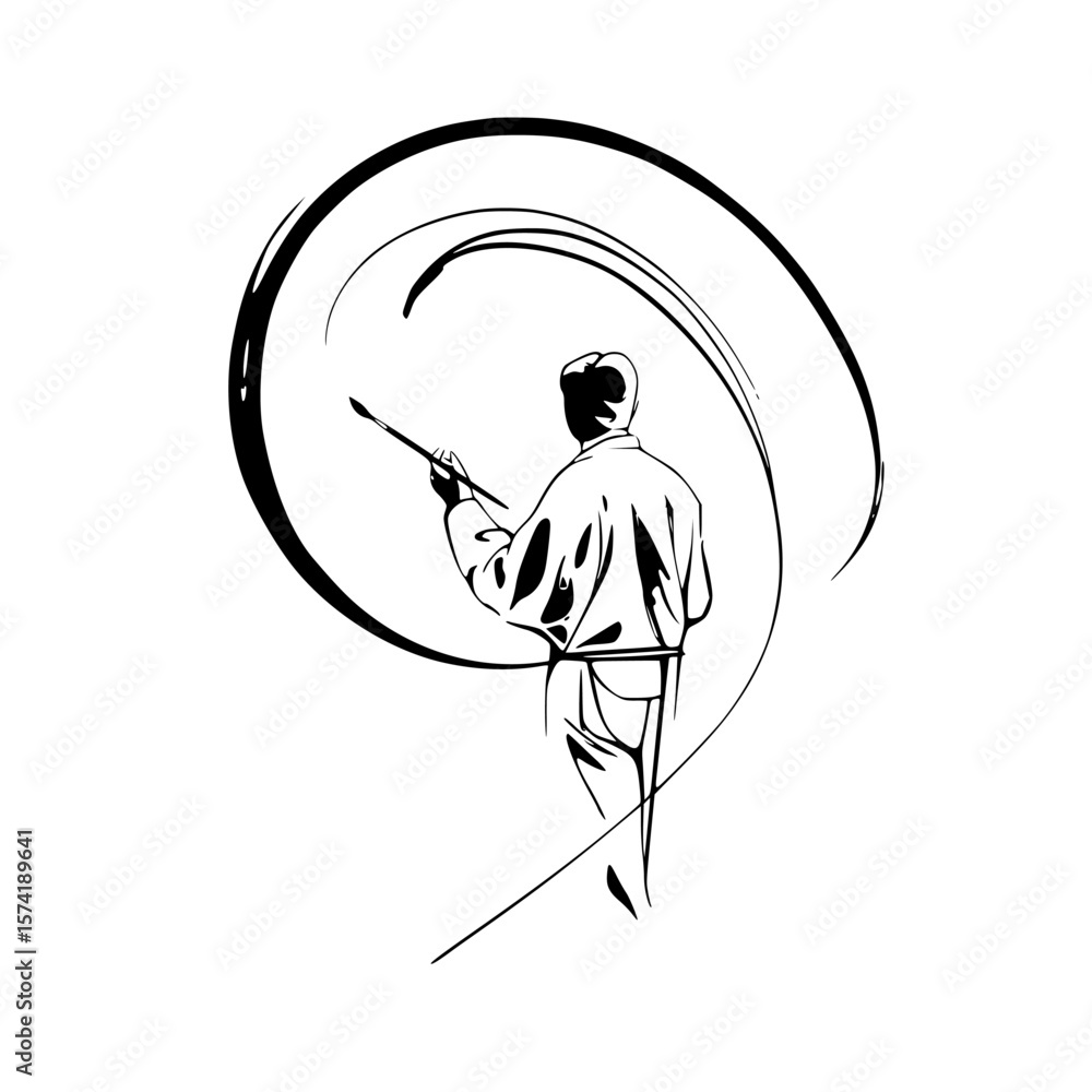 Poster silhouette pictogram of a painter creating art with brush strokes in an abstract design