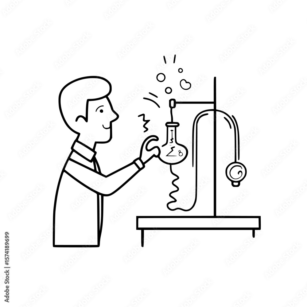 Poster creative scientist conducting an experiment in a laboratory with a flask and equipment