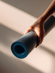 Woman’s Hand Holding Rolled Yoga Mat