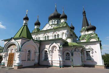 Ukraine Kyiv Holy Protection Monastery on a cloudy spring day