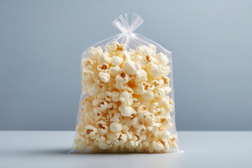 Popcorn in clear bag on a white surface with a soft blue background, showcasing a simple snack presentation for various occasions.