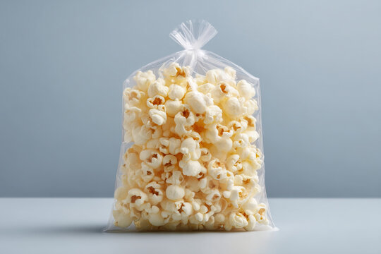 Popcorn in clear bag on a white surface with a soft blue background, showcasing a simple snack presentation for various occasions. - Powered by Adobe