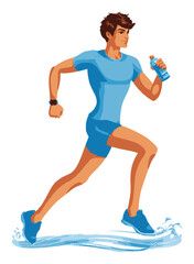 Active Young Man Running with Water Bottle in Cartoon Style