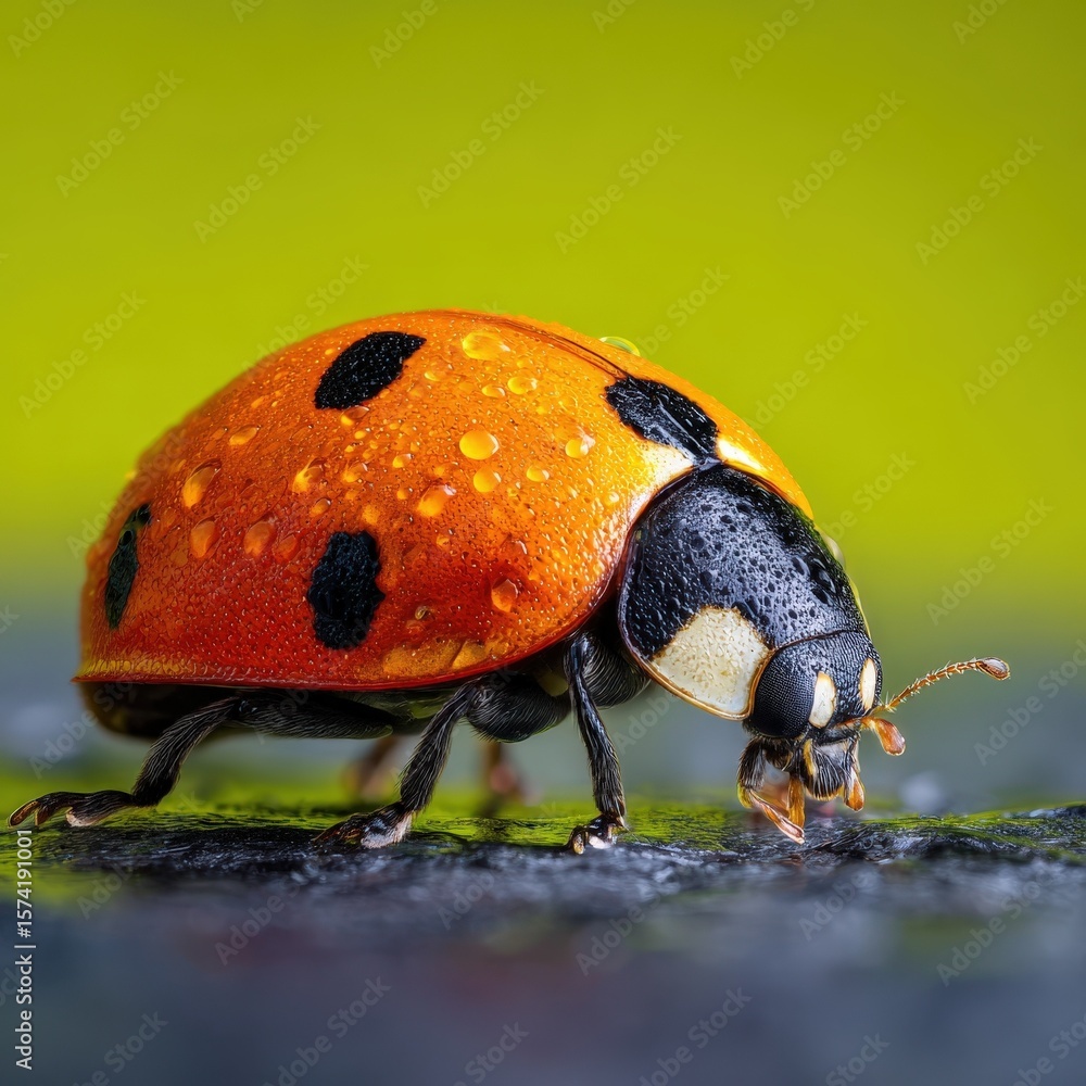 Poster macro of a ladybug covered in dew drops on a dark surface against a green background